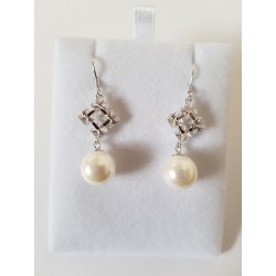 Sterling silver diamond-shaped earrings with pearl drop