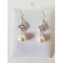 Sterling silver diamond-shaped earrings with pearl drop